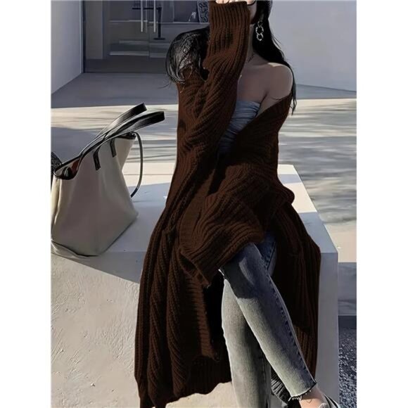 Womens Long Cardigan Sweaters Open Front Oversized Coffee - Picture 2 of 5